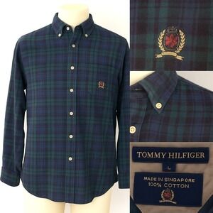 VTG Tommy Hilfiger Men's L Green Button Down‎ Shirt Crest Plaid Preppy Heritage